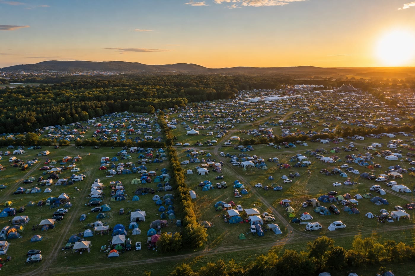 Luftaufnahme eines weitläufigen Festival-Campingplatzes im Abendlicht