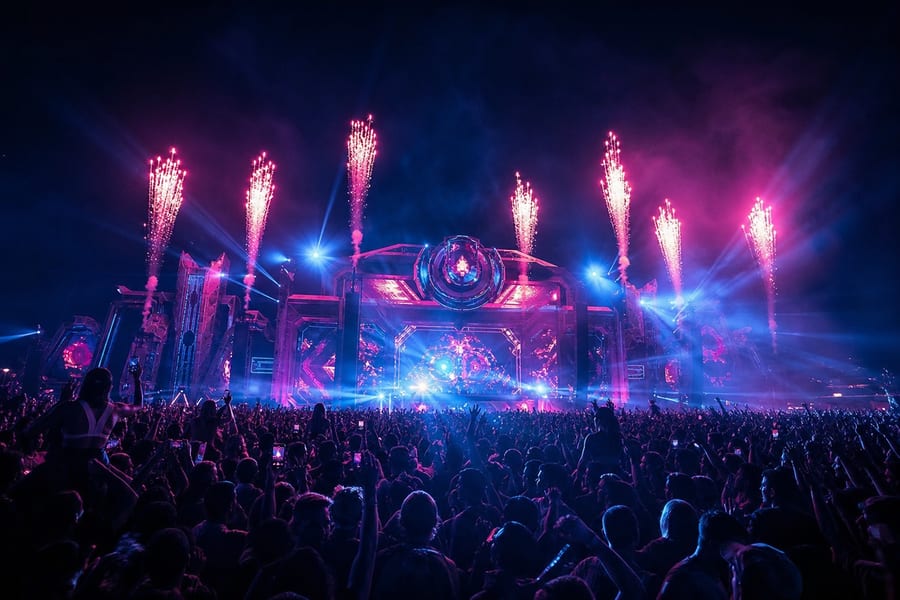 Festival-Bühne bei Nacht mit Lichtshow und Crowd