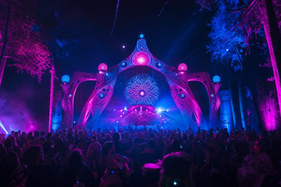 Festival-Atmosphäre mit Lasern und tanzender Menge