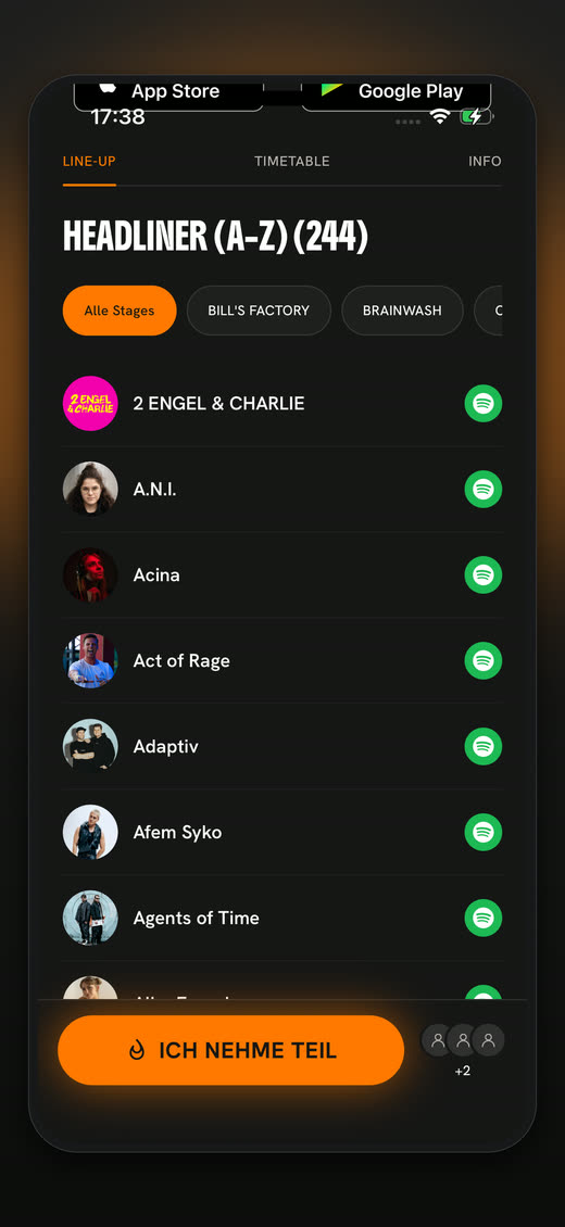 Line-up mit Spotify-Vorschau der Artists